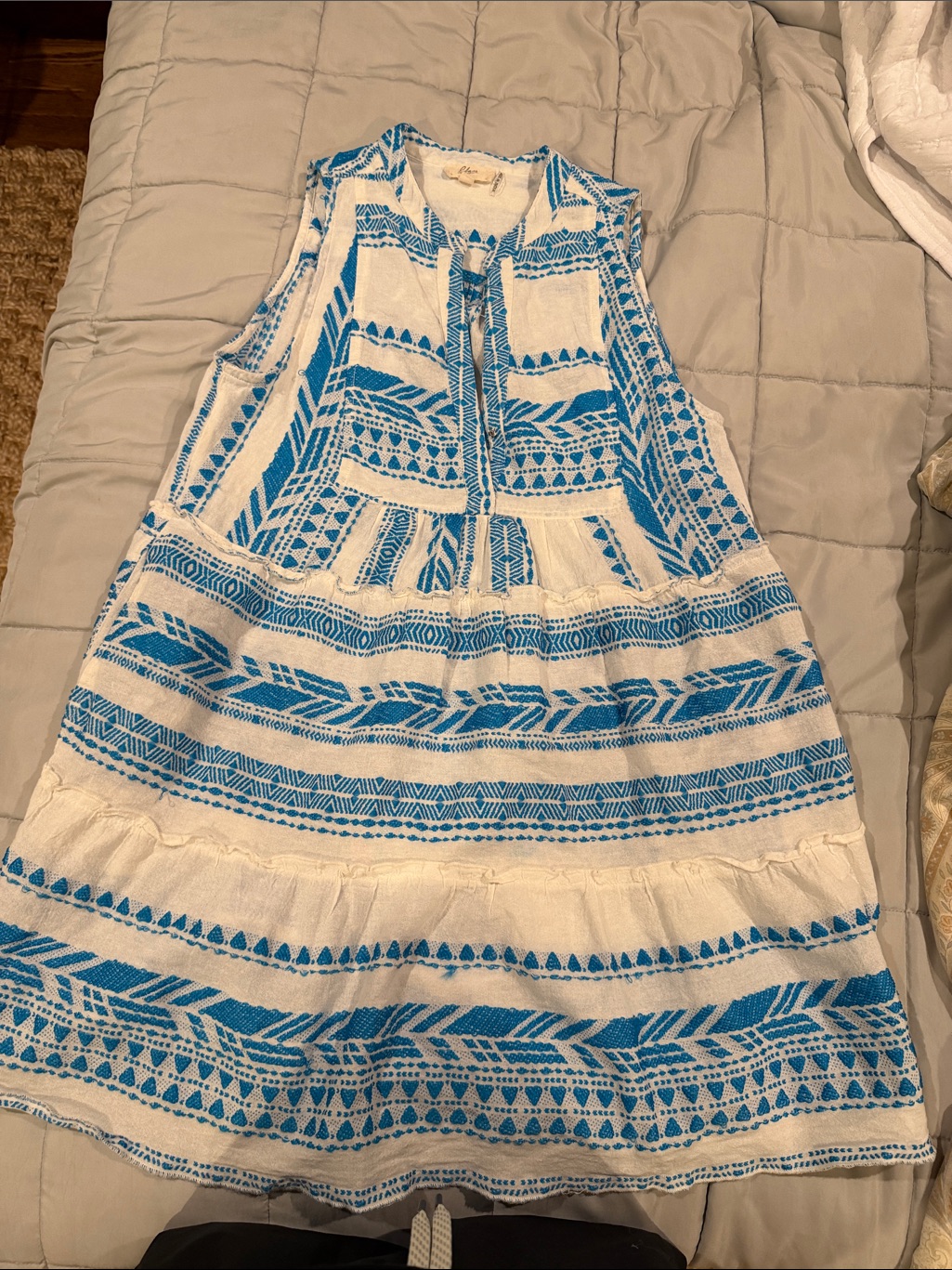Elan White Tunic With Bright Blue Embroidered Trim